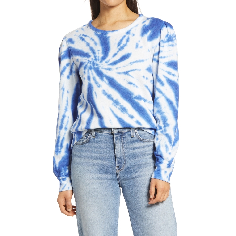 Halogen Women's Puff Sleeve Sweatshirt In Blue Neon Tie Dye Size XS